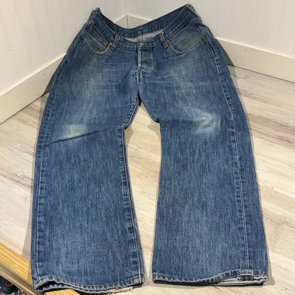 Levis 501 Jeans Mens 36x29 Blue Denim Pants Faded Workwear Button Fly Straight